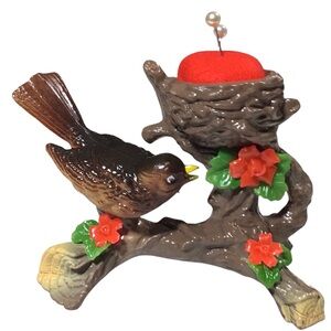 Bird Pincushion Nest Tree Branch Brown Red Sewing Vintage